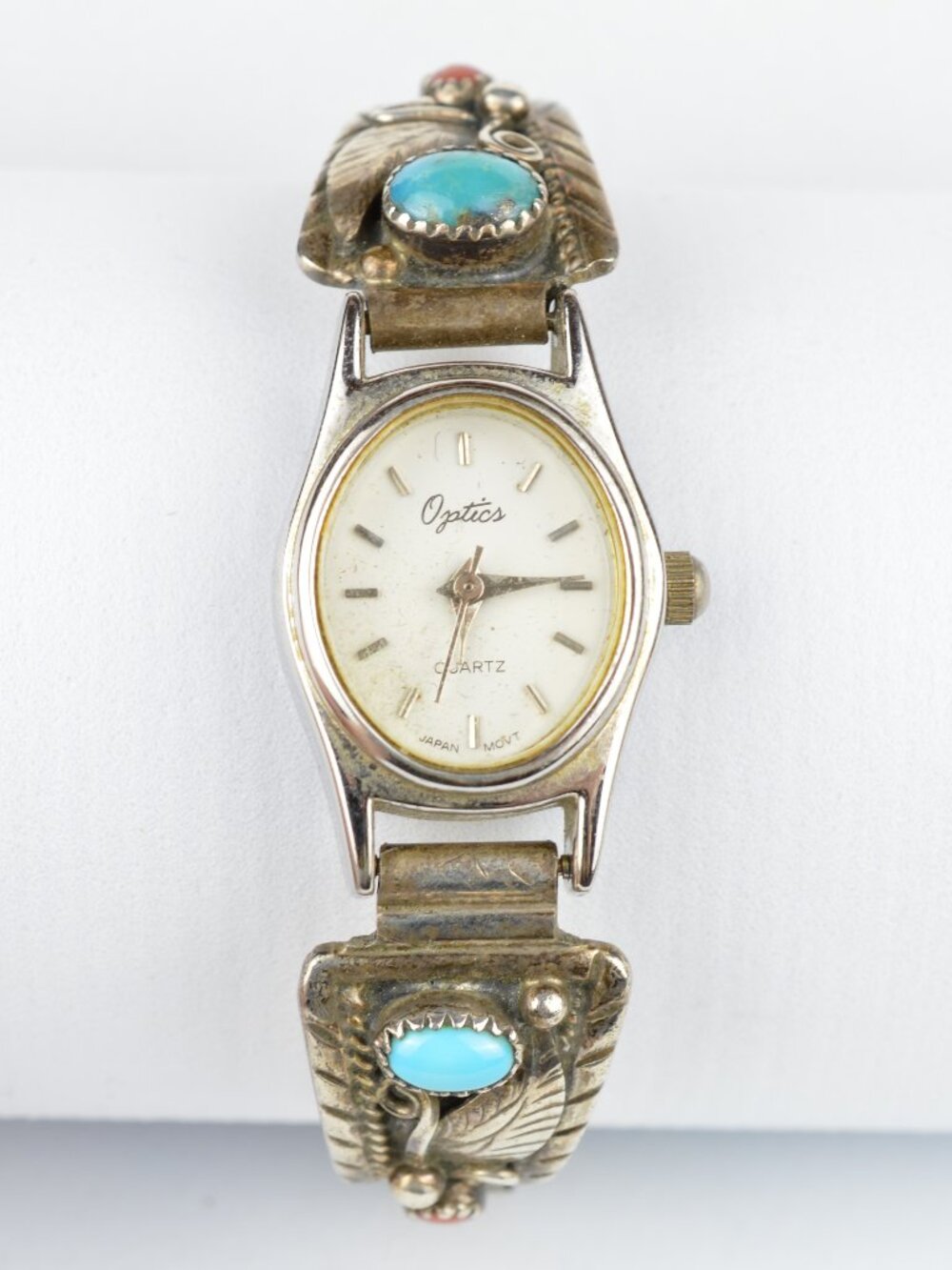 Navajo Sterling Silver Turquoise Coral Watch Tips Signed Ronnie Martinez Works